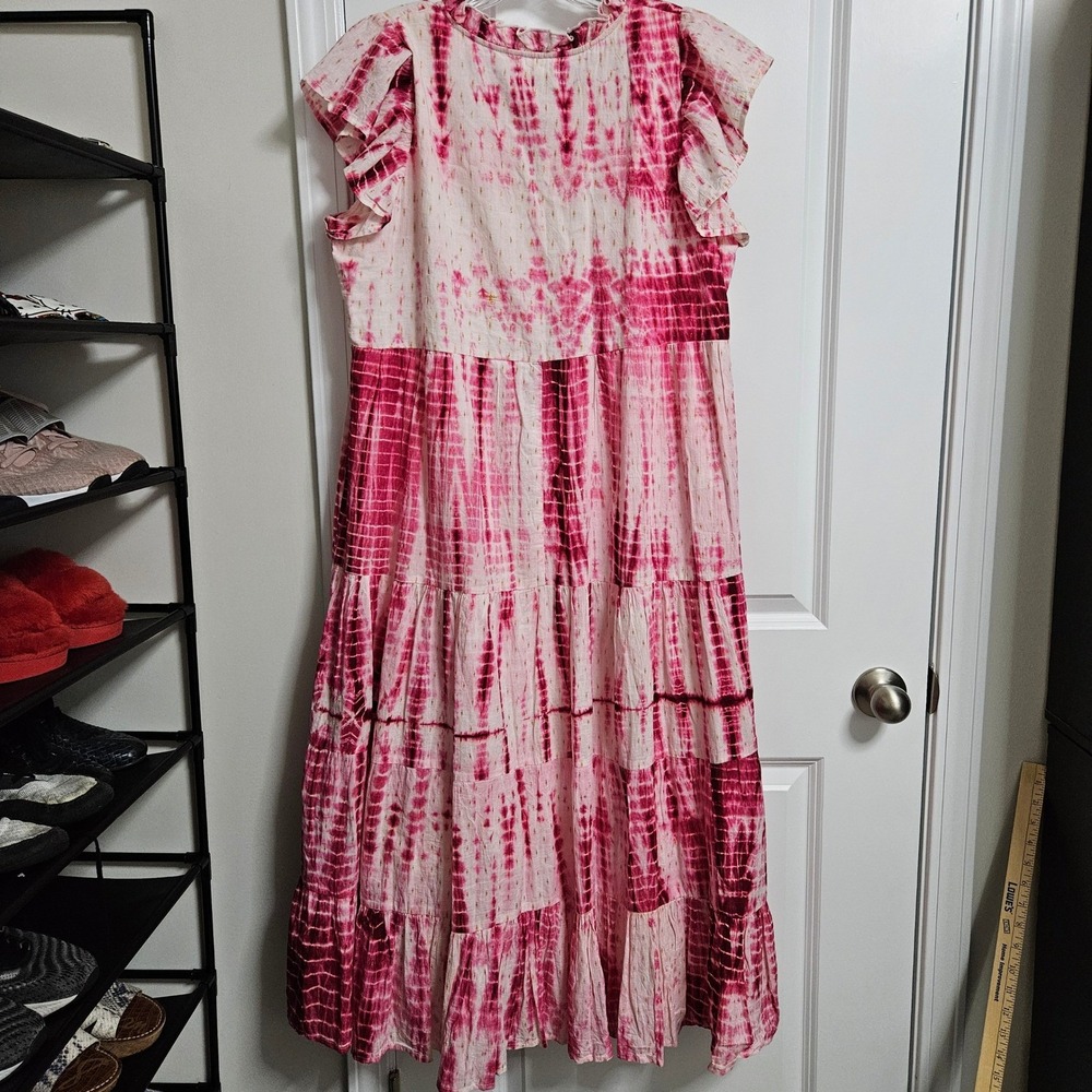 THML Anjuna Tie Dye Maxi Dress Womens Large Pink Tiered Metallic Tassel Boho - Picture 12 of 12
